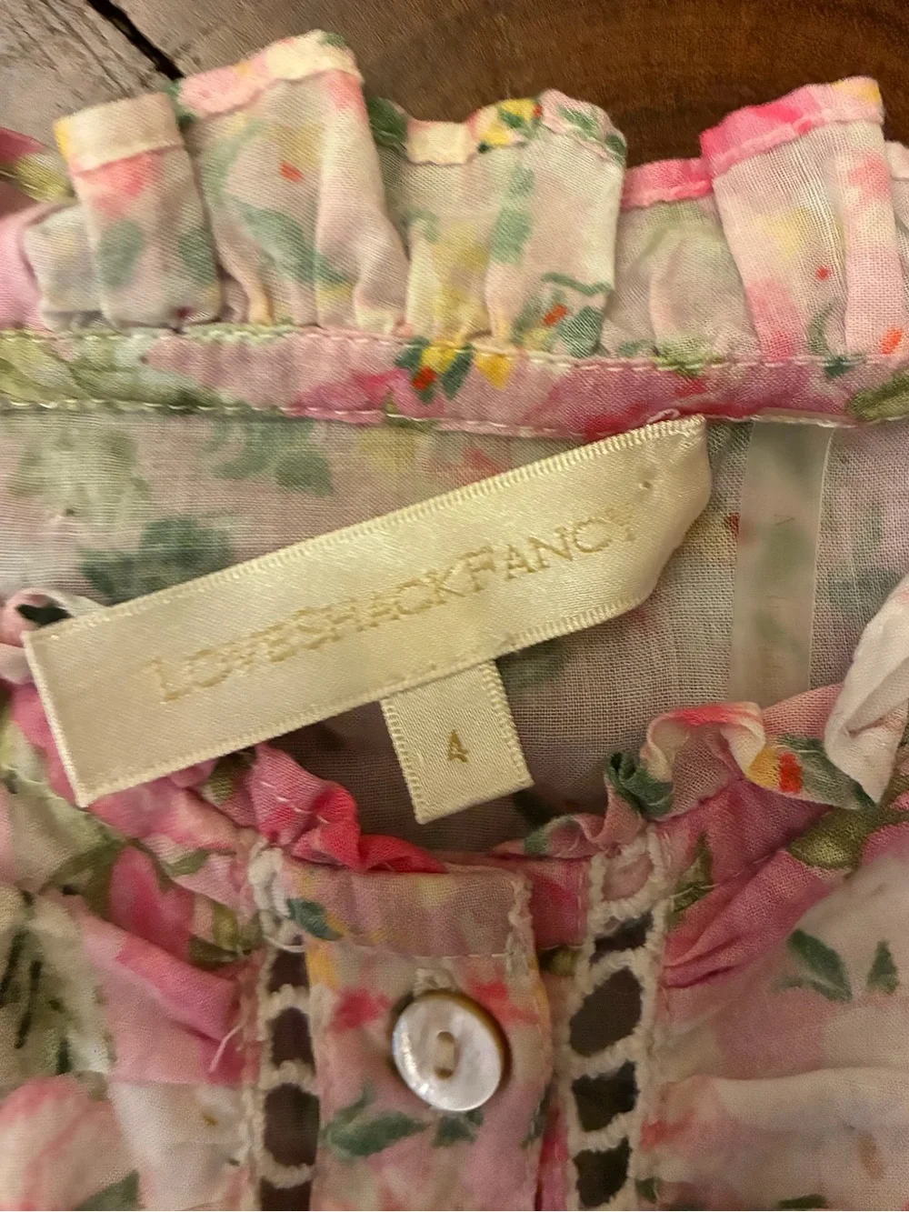 LoveShackFancy Pink Floral Lace-Trim Button Front Blouse